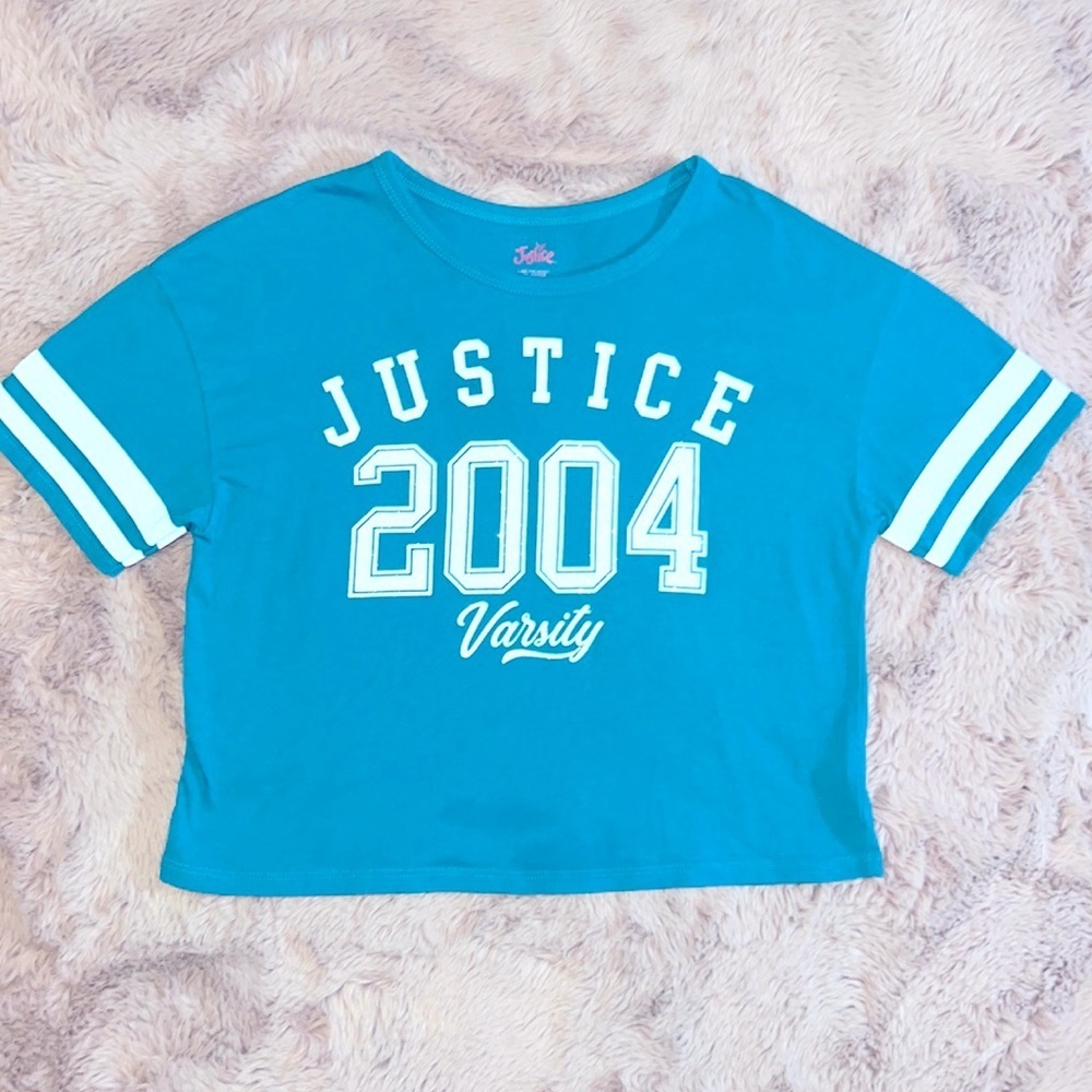 Justice teal blue white glitter varsity 2004 jersey shortsleeve crop top shirt S